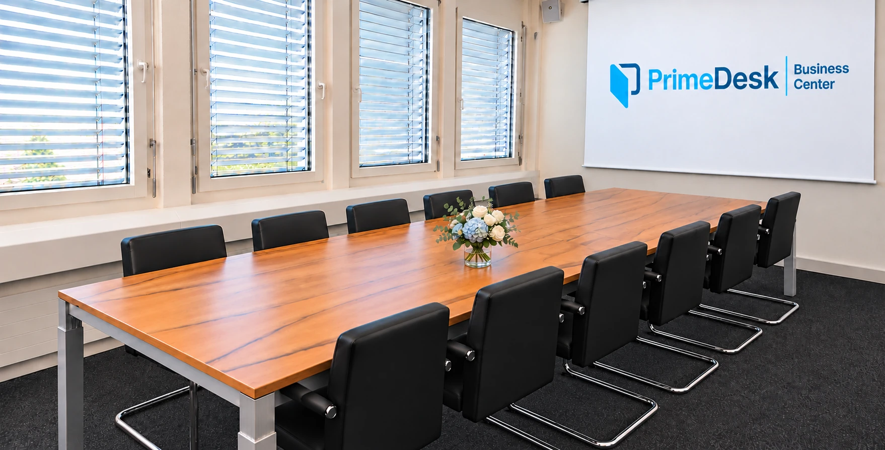 Meetingraum Sihlsee mit langem Holztisch, zwölf schwarzen Stühlen, Blumen und PrimeDesk-Logo auf der Leinwand