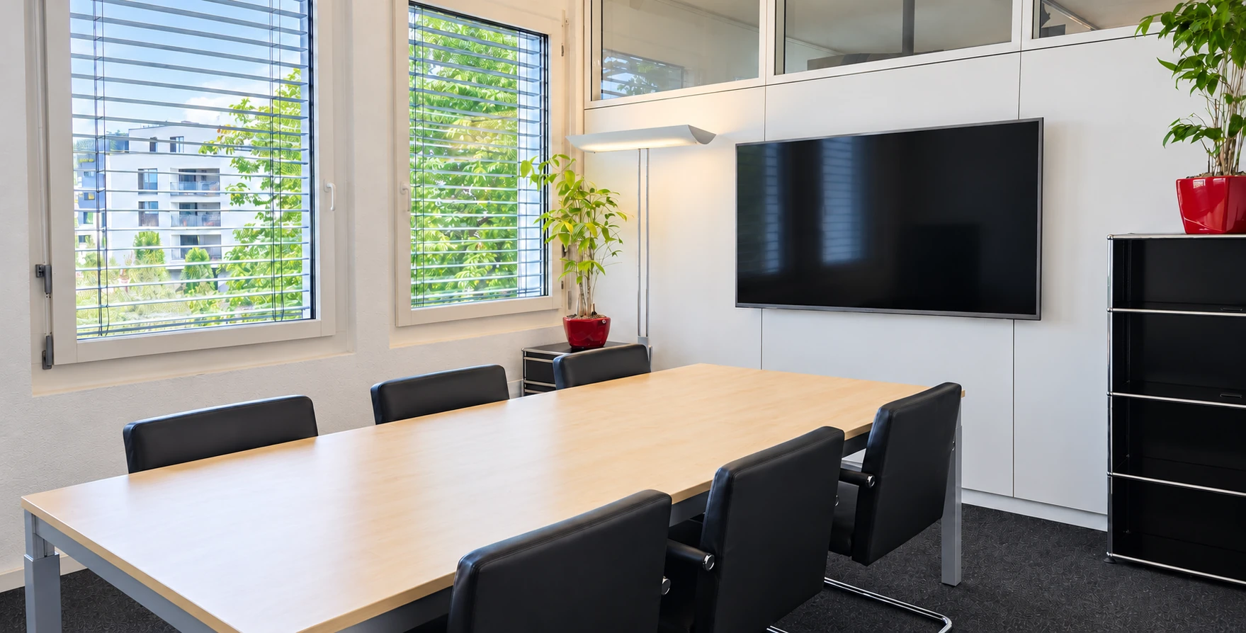 Meetingraum Zürichsee mit Besprechungstisch, grossem Bildschirm und Tageslicht
